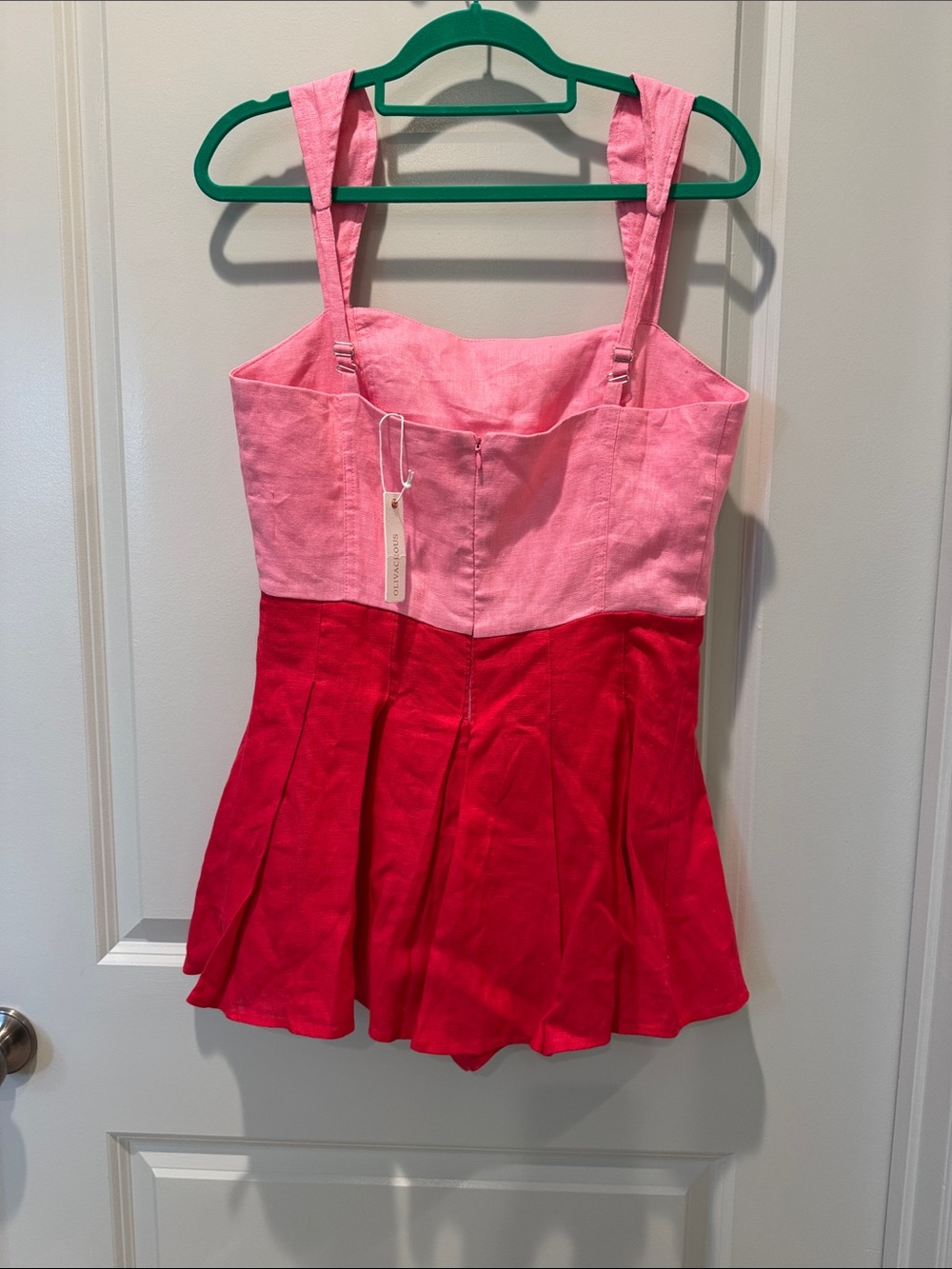 Olivaceous Pink and Red Linen Colorblock Romper - Picture 3 of 6